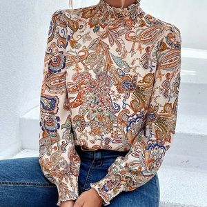 Brand New • Paisley Print Frill Trim Mock Neck Blouse • Large 8/10